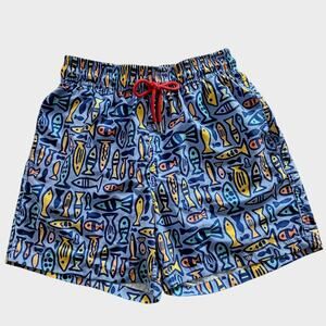 Men's Red Flag Multicolor Fishes Swim Trunks Blue Small